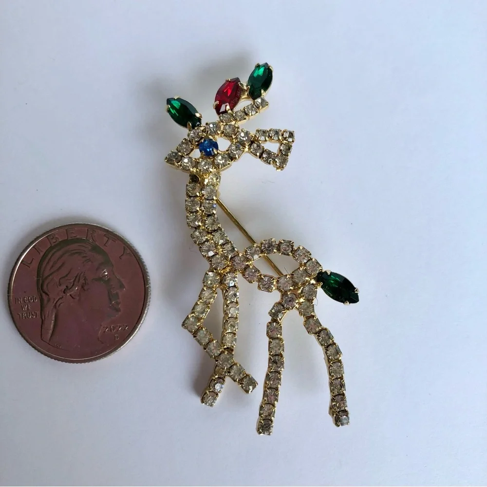 Vintage Rhinestone Reindeer Brooch Pin gold tone Rudolph
